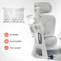 White mesh office chair back with breathable perforated design and adjustable headrest