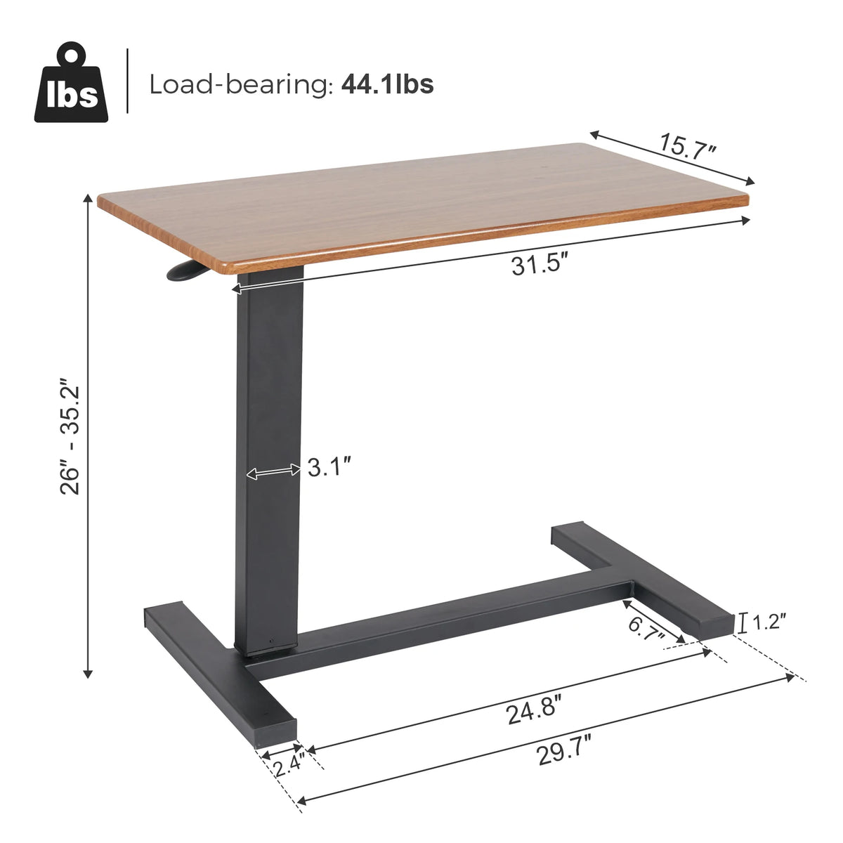 Dimensions view of adjustable overbed table with wood top and black frame base