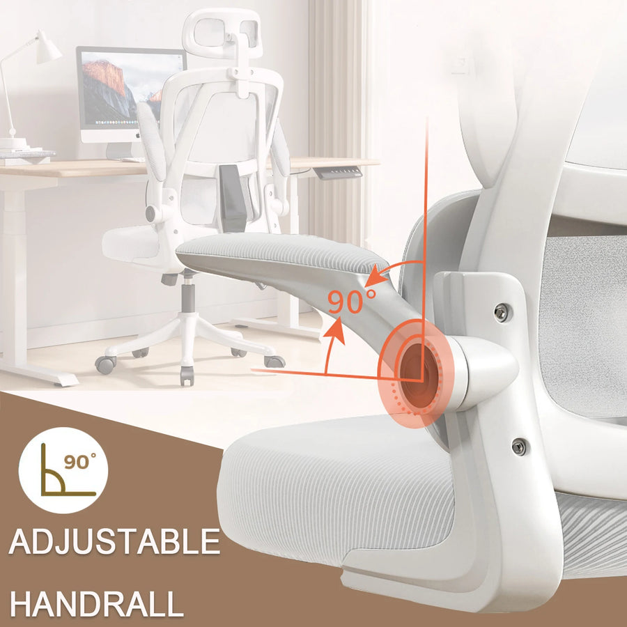 White office chair with adjustable armrest and high-back mesh back support