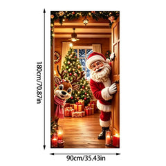 Full-length Santa and reindeer Christmas door cover banner with lantern lights