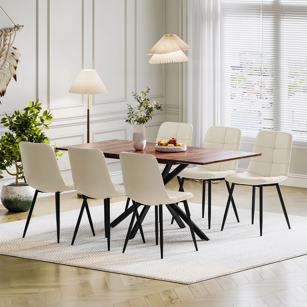 Rectangular extendable dining table with dark wood top and 6 upholstered beige chairs