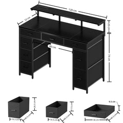Black computer desk with 9 drawers, wide desktop, and adjustable leveling feet