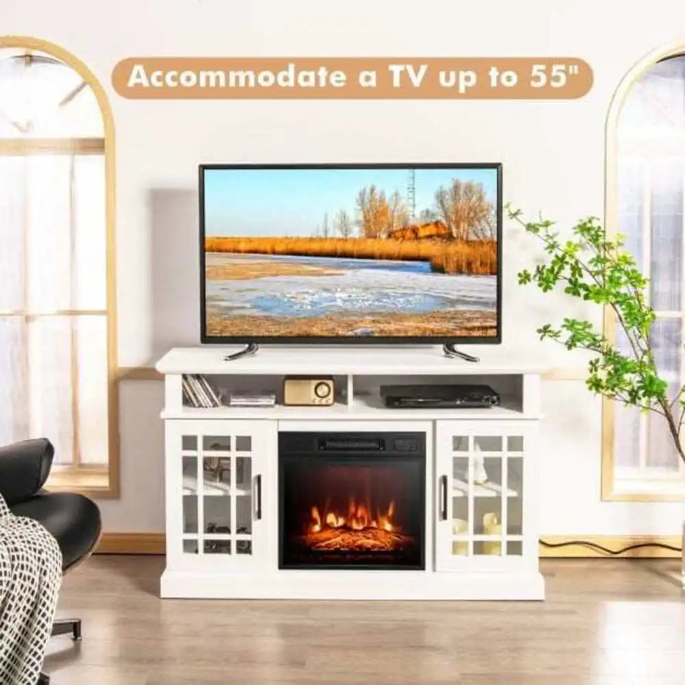 White electric fireplace TV stand with TV on top and central flame-effect firebox