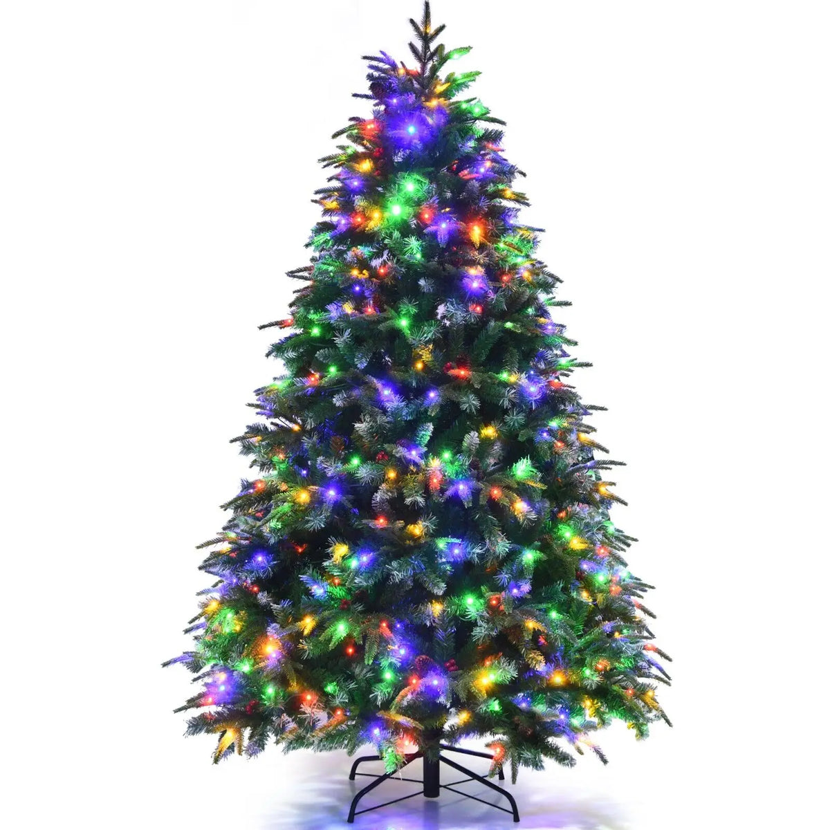 Snowy artificial Christmas tree, green PE tips with multicolor LED lights and sturdy stand