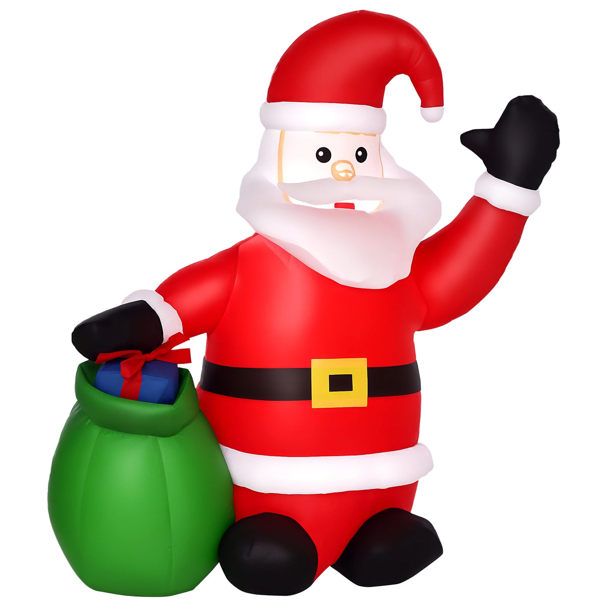 Inflatable Santa Claus with raised arm, red hat, green gift sack, LED lights