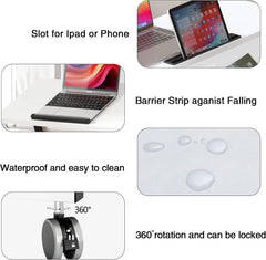 White tilting desk with tablet and phone slot, tilting surface, water-resistant top