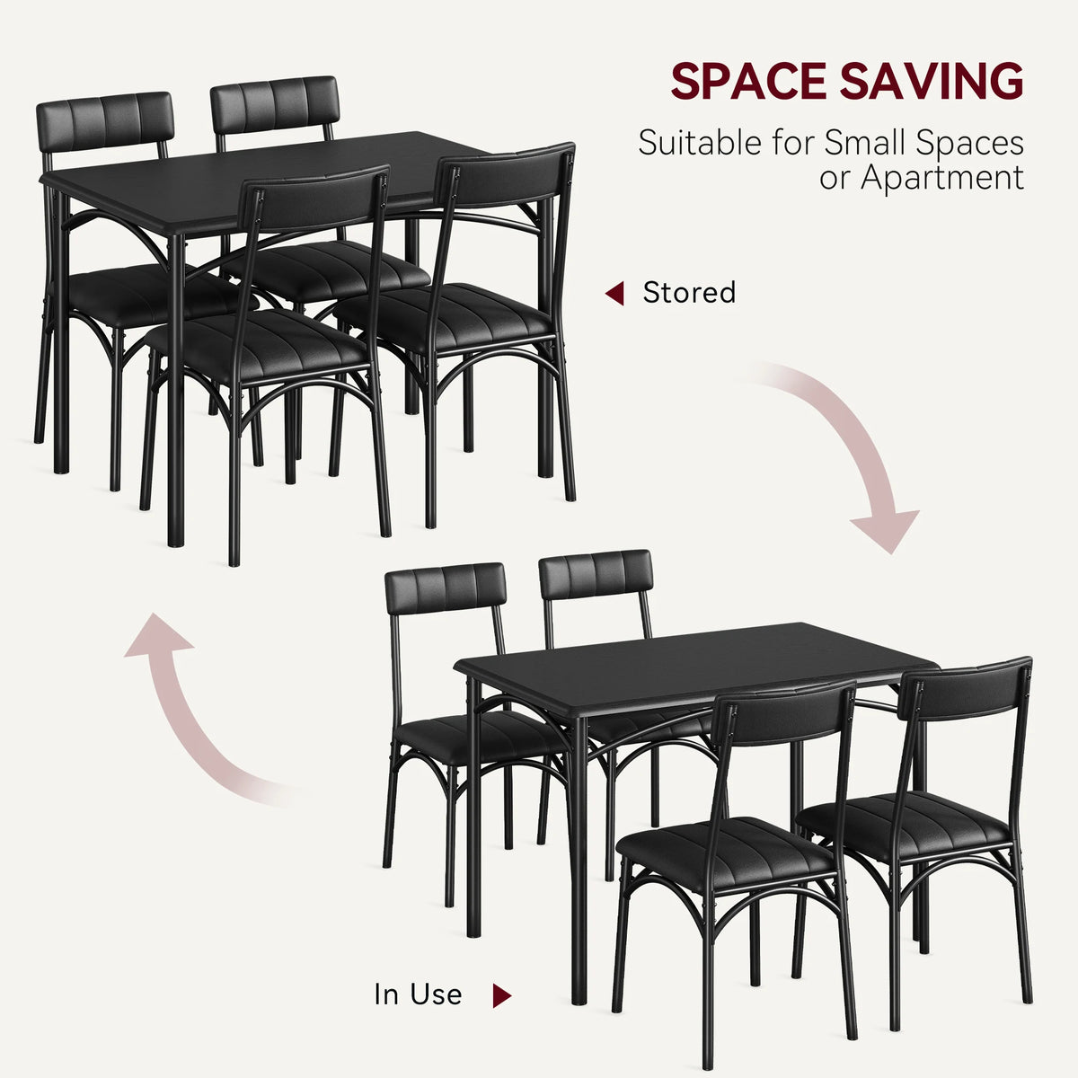 Dining table set illustration with chairs stored under for small spaces