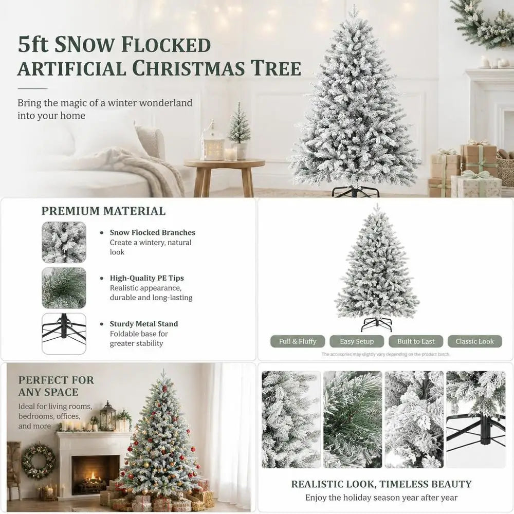 Snow-flocked artificial Christmas tree display with premium materials and branch close-ups