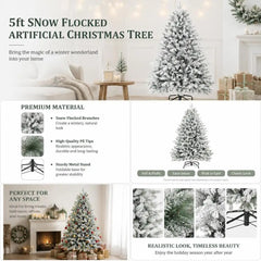 Snow-flocked artificial Christmas tree display with premium materials and branch close-ups