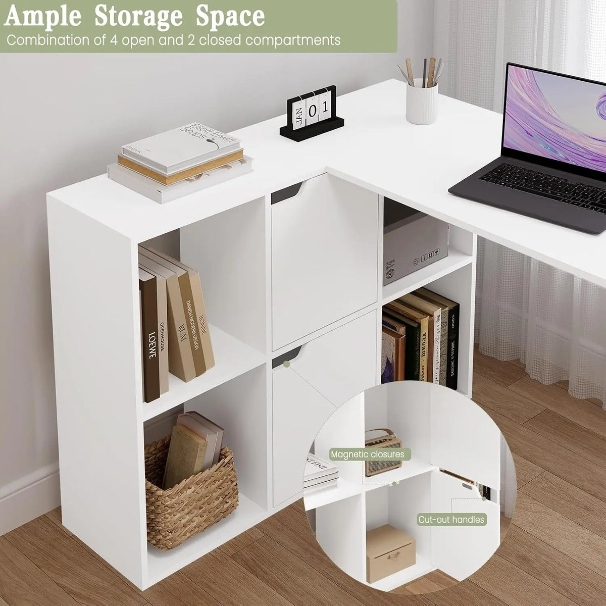 White L-shaped corner desk with open shelves, cabinets, and organized corner storage.