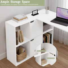 White L-shaped corner desk with open shelves, cabinets, and organized corner storage.
