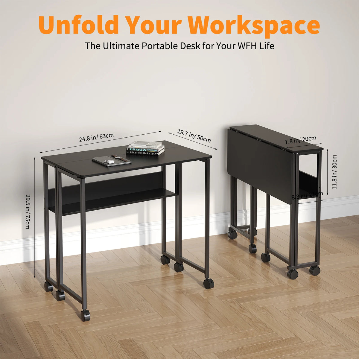 Folding computer desk with wheels, dark top, black frame, unfolded and folded