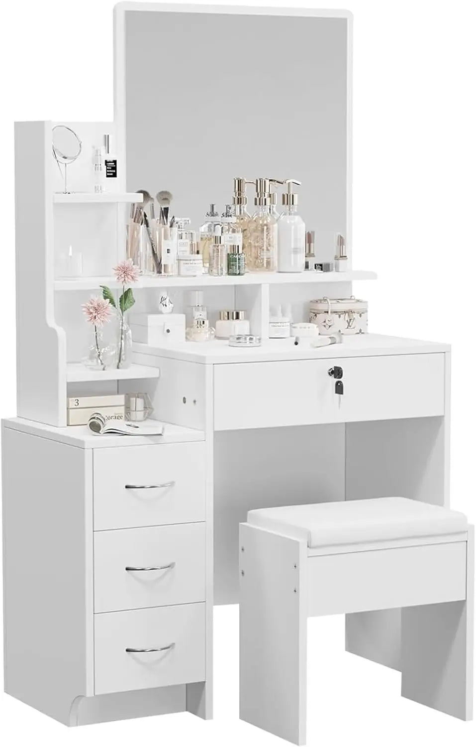 White vanity dressing table set with large wide mirror and soft stool