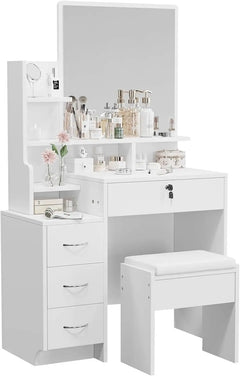 White vanity dressing table set with large wide mirror and soft stool