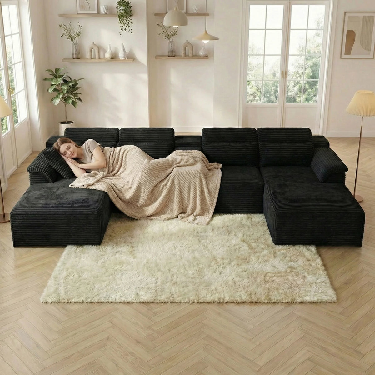 Black corduroy modular U-shape sectional sofa with chaise side and deep seat cushions