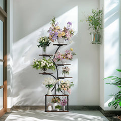 Tree-shaped 7-tier metal plant stand with potted flowers and greenery in a bright room