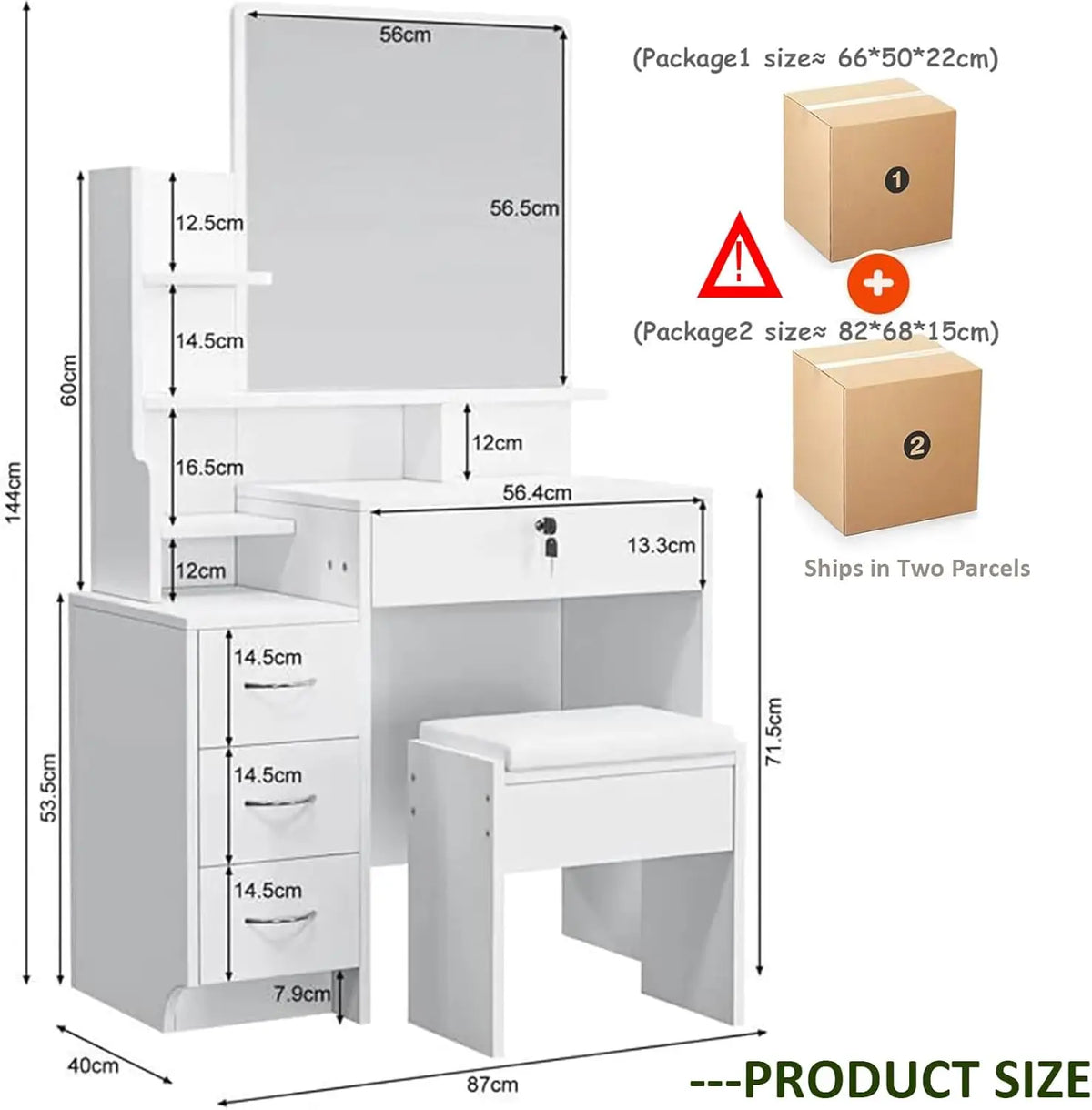 White vanity desk set size diagram with drawers, mirror panel and stool