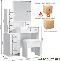 White vanity desk set size diagram with drawers, mirror panel and stool