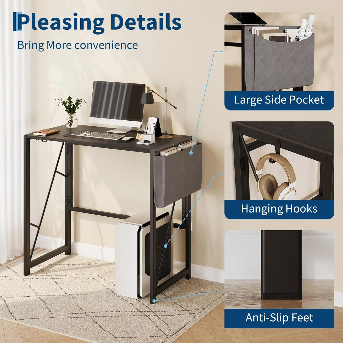 Black folding table with large side pocket, hanging hooks, and anti-slip feet