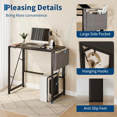 Black folding table with large side pocket, hanging hooks, and anti-slip feet