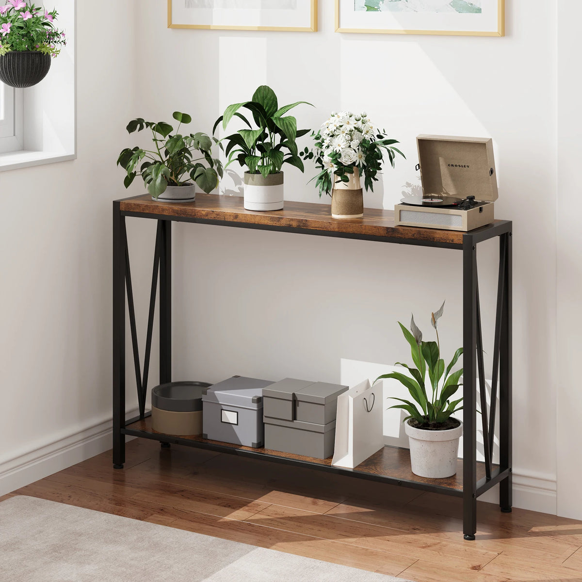 2-tier console table with wood top, lower shelf, and black V-shaped metal legs.