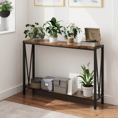 2-tier console table with wood top, lower shelf, and black V-shaped metal legs.