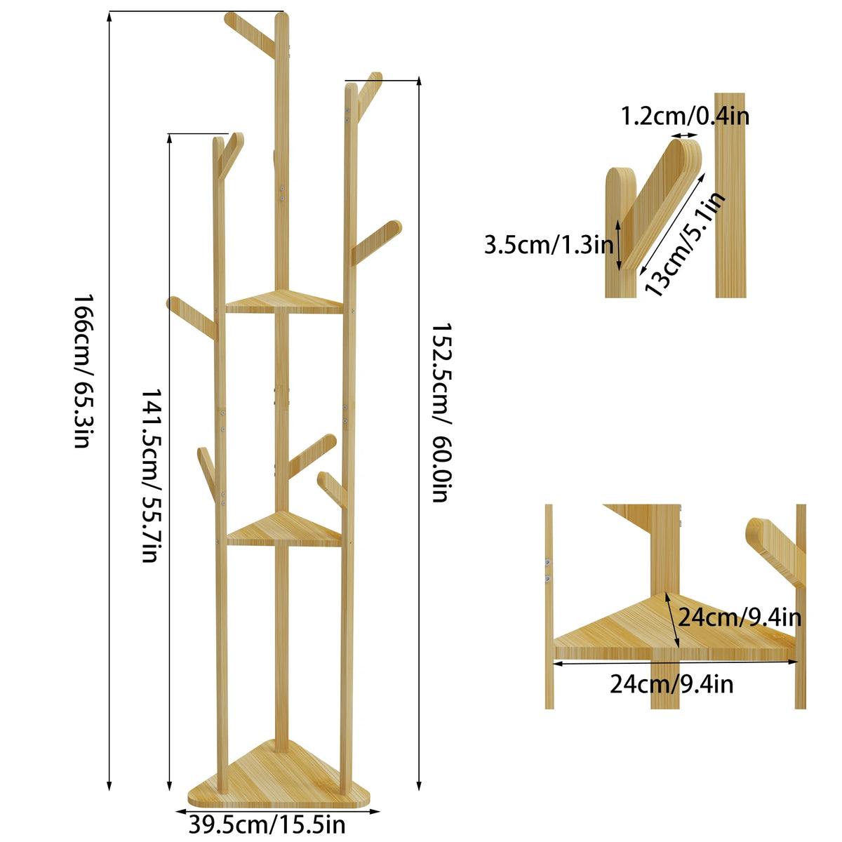 Bamboo coat rack size diagram showing hook arms and two-tier shelves