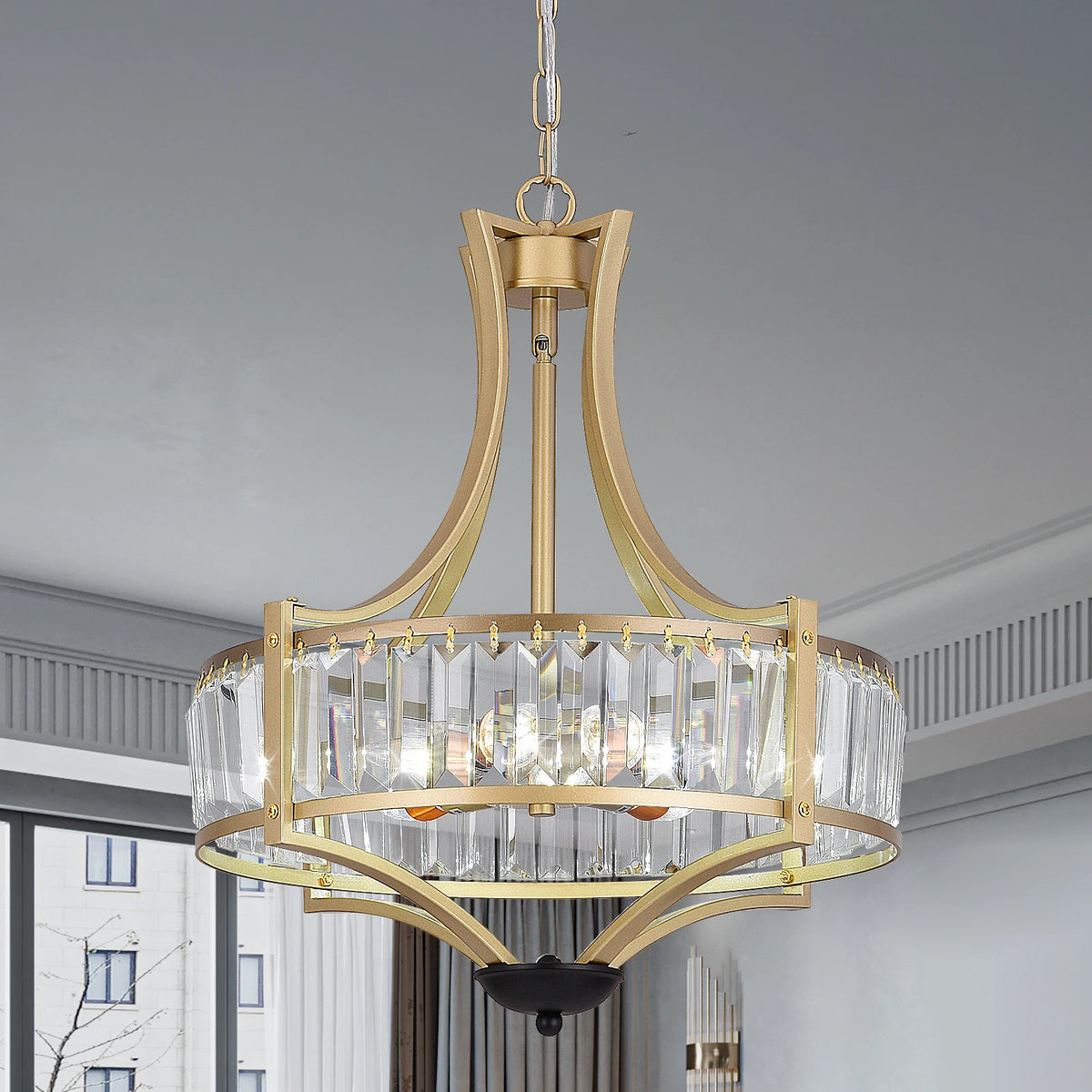 Gold crystal pendant ceiling lamp with clear crystal glass cylinder and arched frame