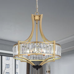 Gold crystal pendant ceiling lamp with clear crystal glass cylinder and arched frame
