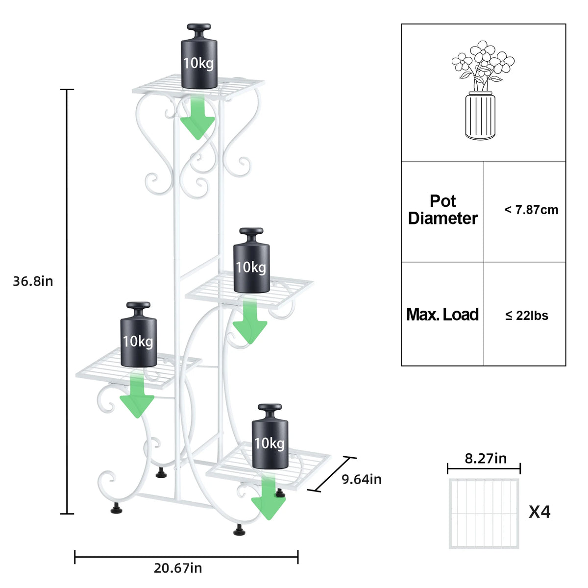 Four-tier plant stand size chart with pot diameter and max load values