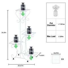 Four-tier plant stand size chart with pot diameter and max load values