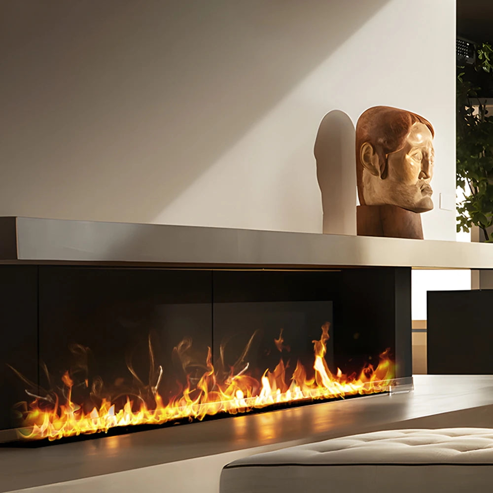 Embedded electric fireplace with orange flames under a modern console