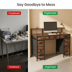 Industrial computer desk with multiple drawers for cable and workspace organization