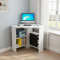 Ivory triangular corner computer desk with open shelves and side storage compartments