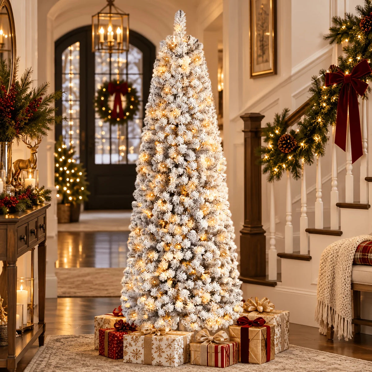 Tall slim pre-lit artificial Christmas tree with snow-flocked PVC branches and warm white lights.
