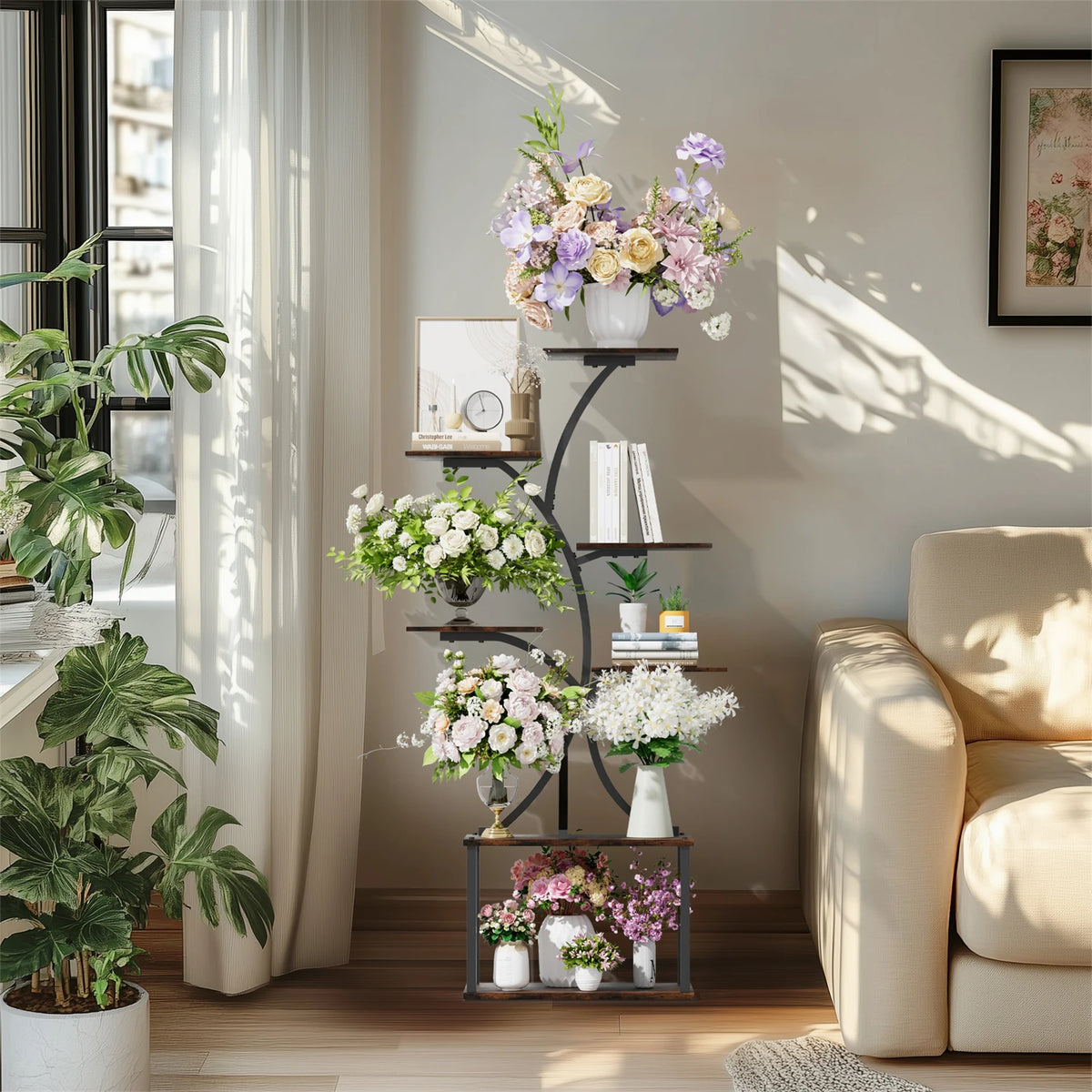 Tree-shaped 7-tier metal plant stand holding potted flowers and greenery