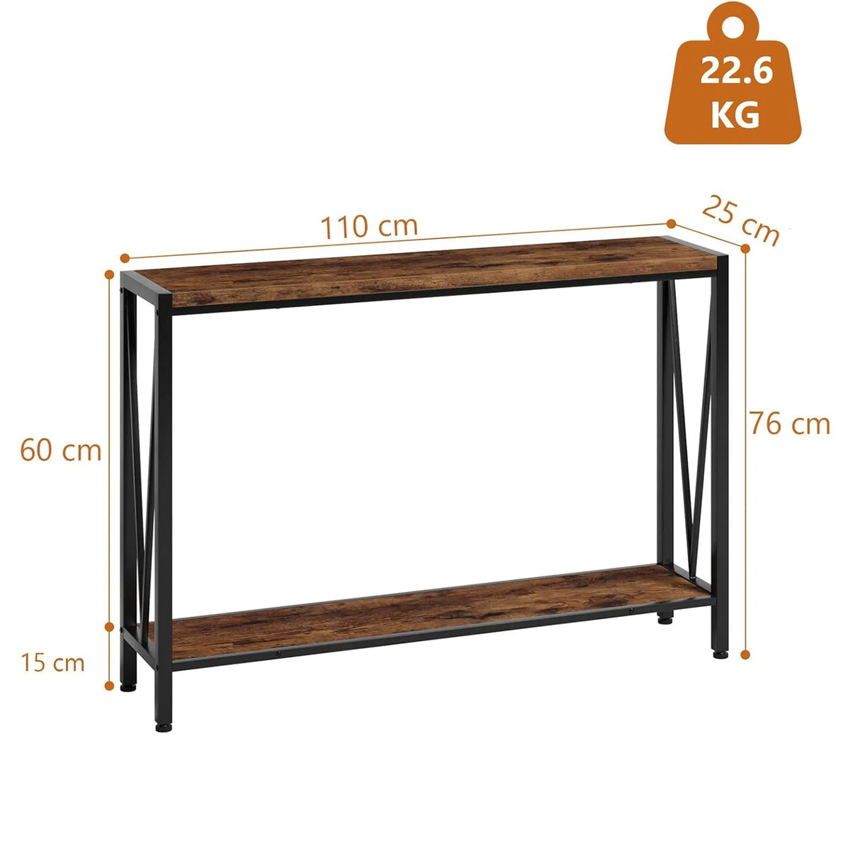 Two-tier console table in brown, 110 cm long, 60 cm deep, with V-shaped black legs.