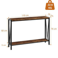 Two-tier console table in brown, 110 cm long, 60 cm deep, with V-shaped black legs.