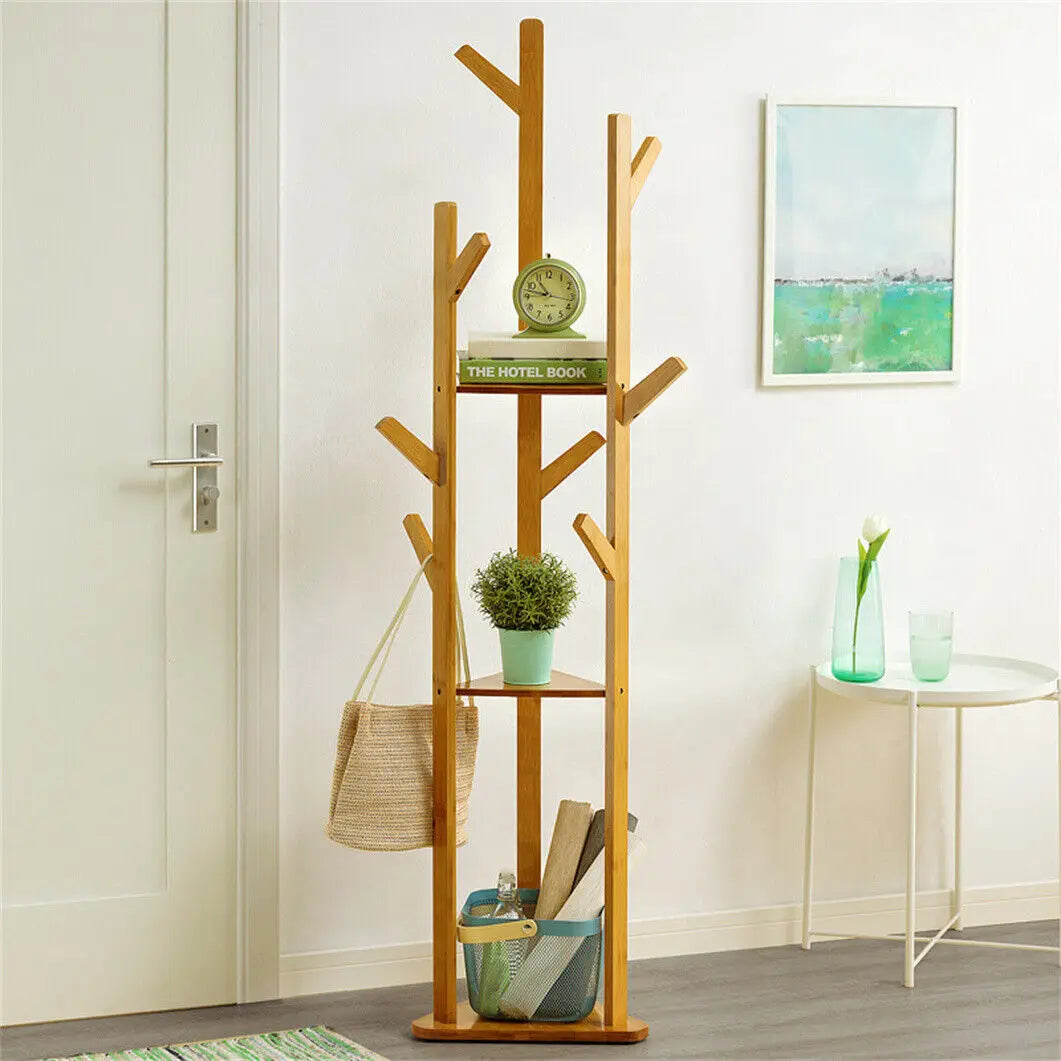 Natural wood corner coat rack stand with hook arms and two-tier storage shelves