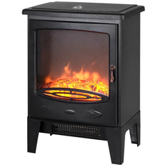 Black freestanding electric fireplace with clear glass front and orange flame display.