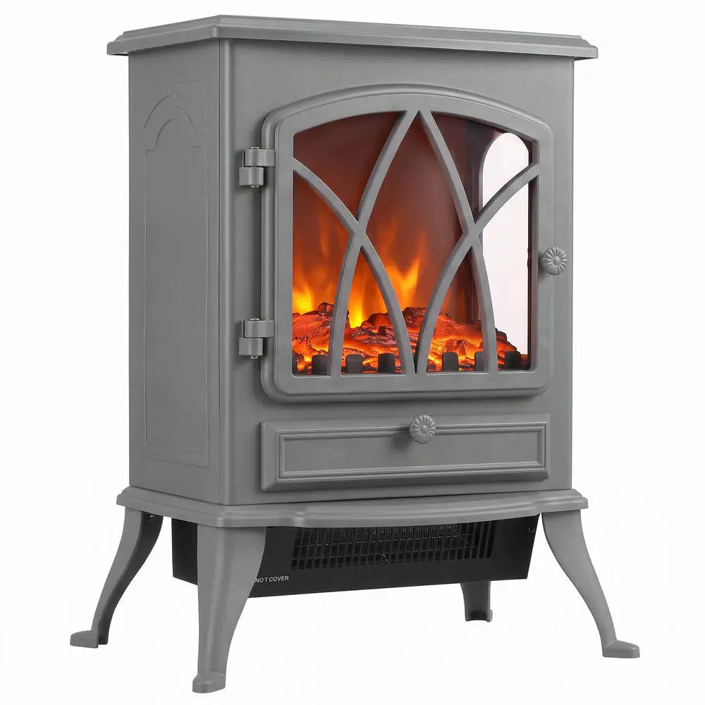 Grey electric fireplace heater with arched glass door and orange flame glow