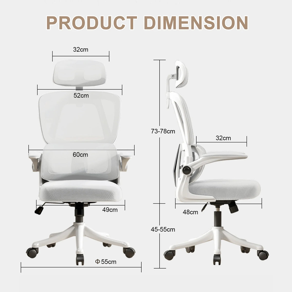 Product dimension chart showing front and side views of a white ergonomic chair