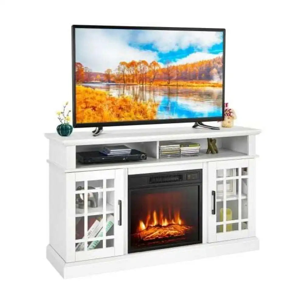 White electric fireplace TV stand with open shelves, glass doors, and glowing flame effect