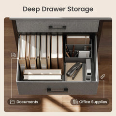 Grey deep fabric storage drawer unit with document and office supply sections