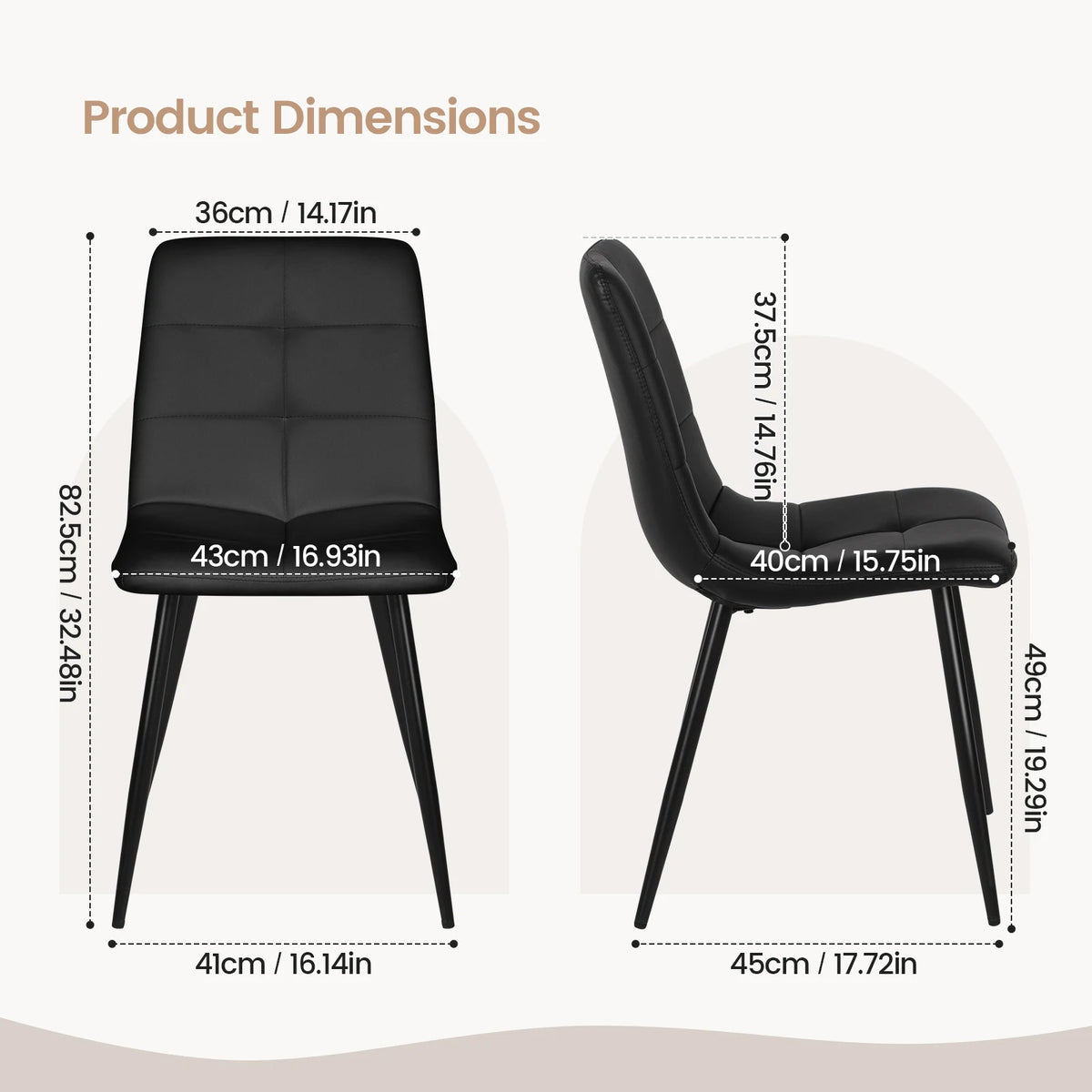 Dining chair detail view with dimensions, dark black fabric upholstery and angled metal legs