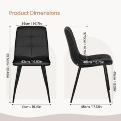 Dining chair detail view with dimensions, dark black fabric upholstery and angled metal legs