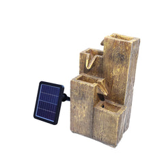 Solar outdoor rockery fountain with pump, brown wood-style tiered water feature and solar panel