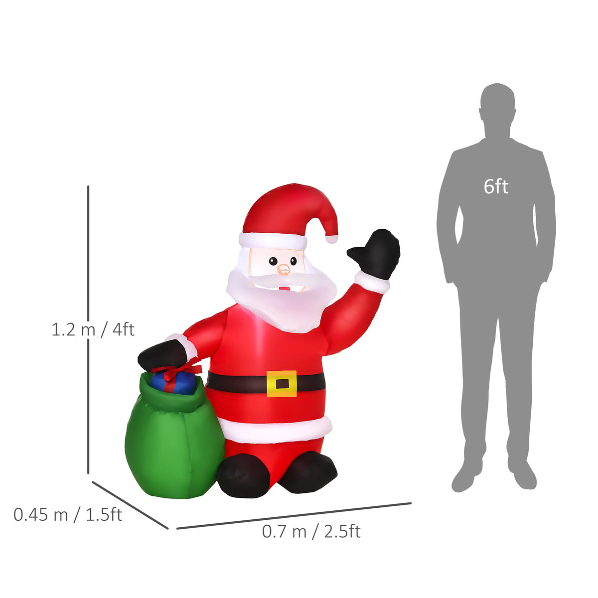 4ft inflatable Santa decoration with raised arm, green gift sack, red hat, LED lights