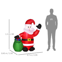4ft inflatable Santa decoration with raised arm, green gift sack, red hat, LED lights