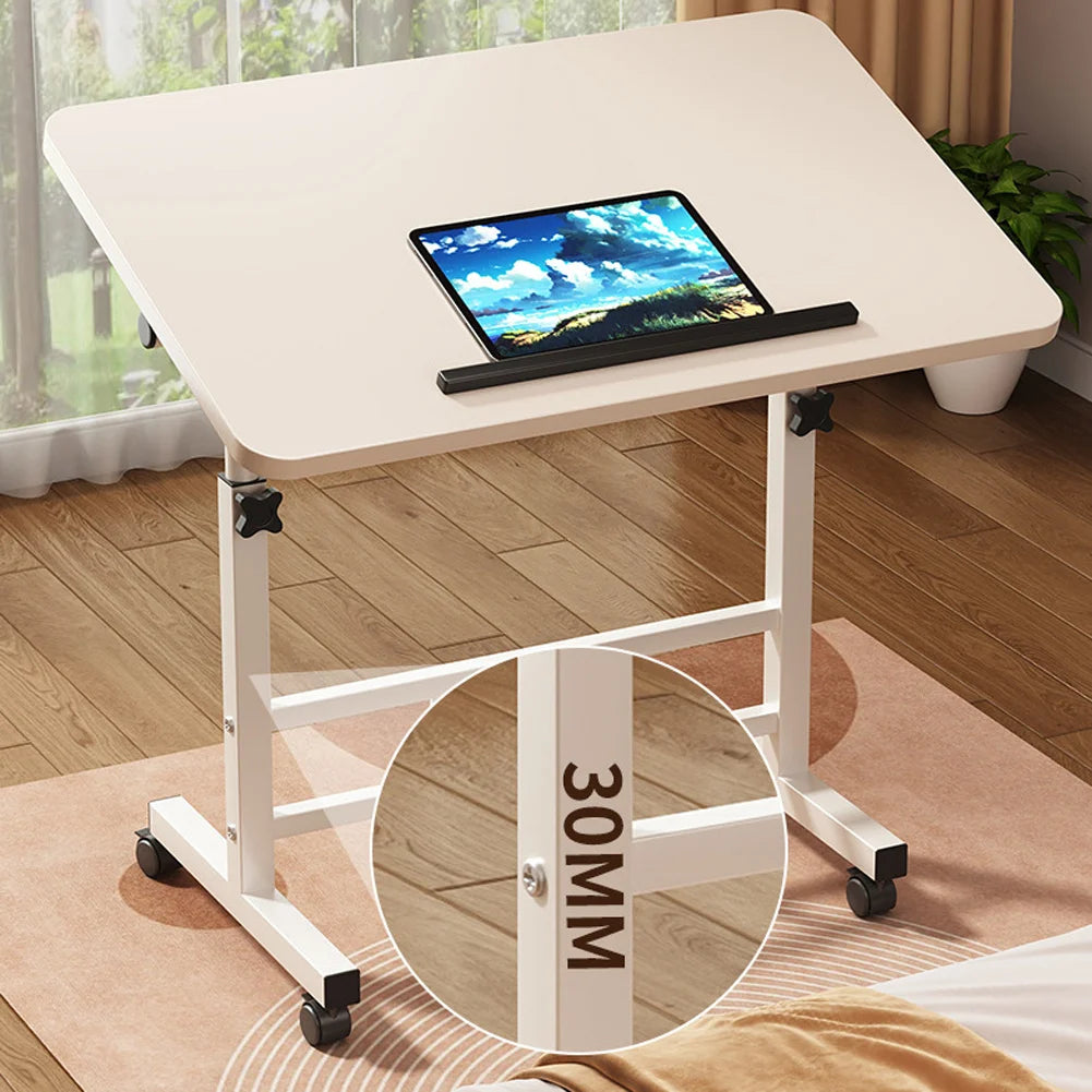 White portable laptop table on wheels with wide top and foldable tabletop base